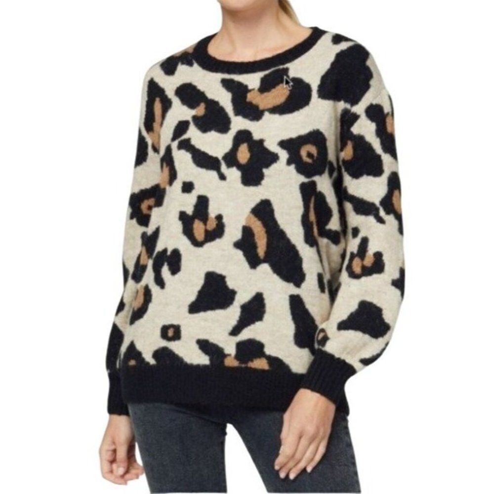 Entro Leopard Cheetah Knit Animal Print Balloon Sleeve Cozy Sweater Top - Picture 2 of 9